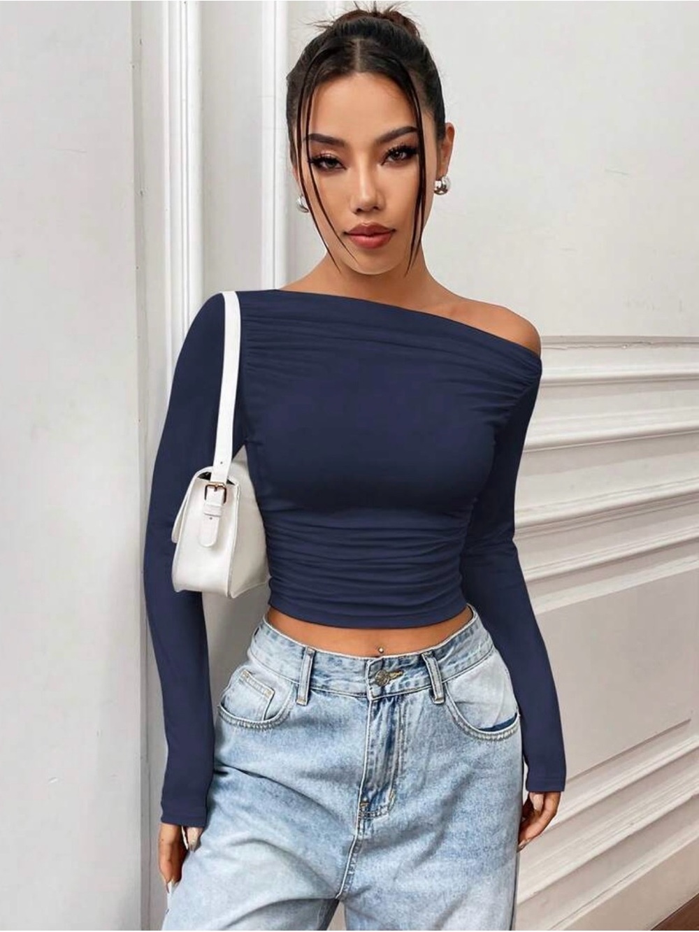 Off-Shoulder Long Sleeve Cropped Top in Navy